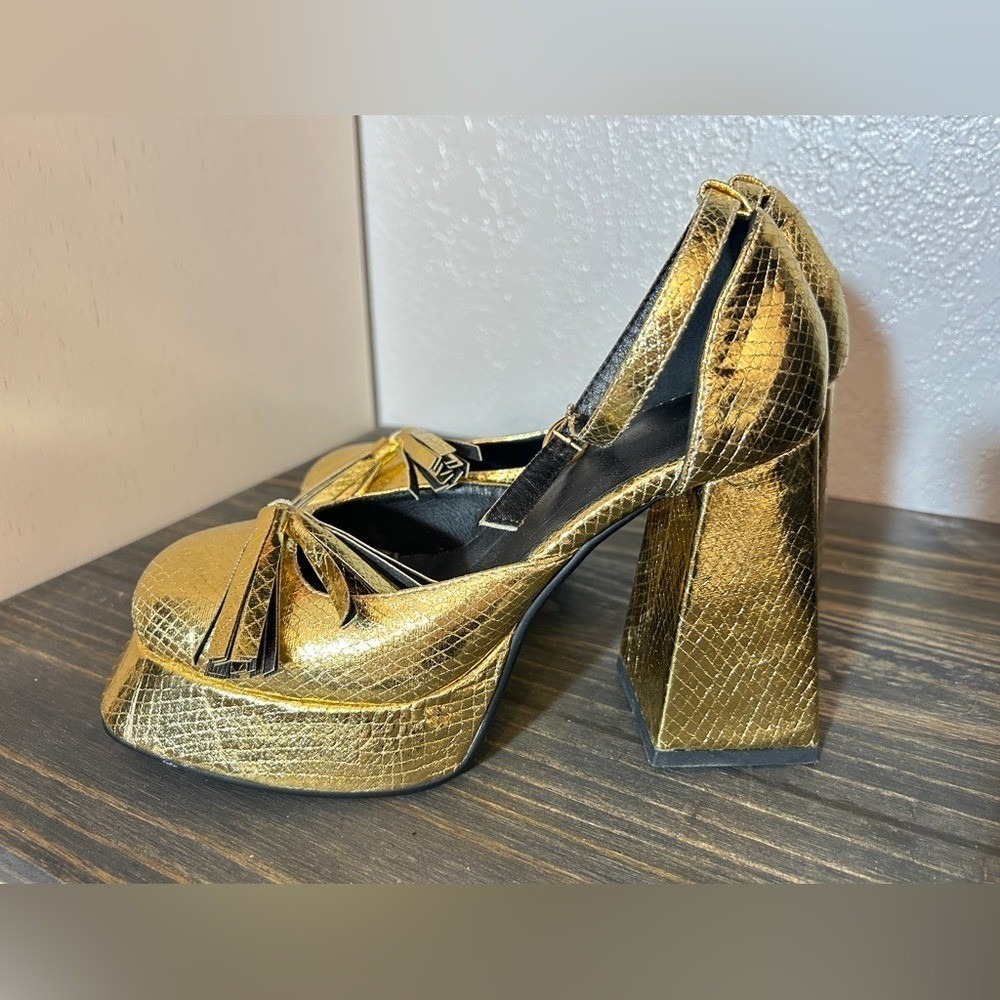 Gold Metallic Snakeskin Platform Heels Tassel Square Toe Chunky Block Heel 5.5